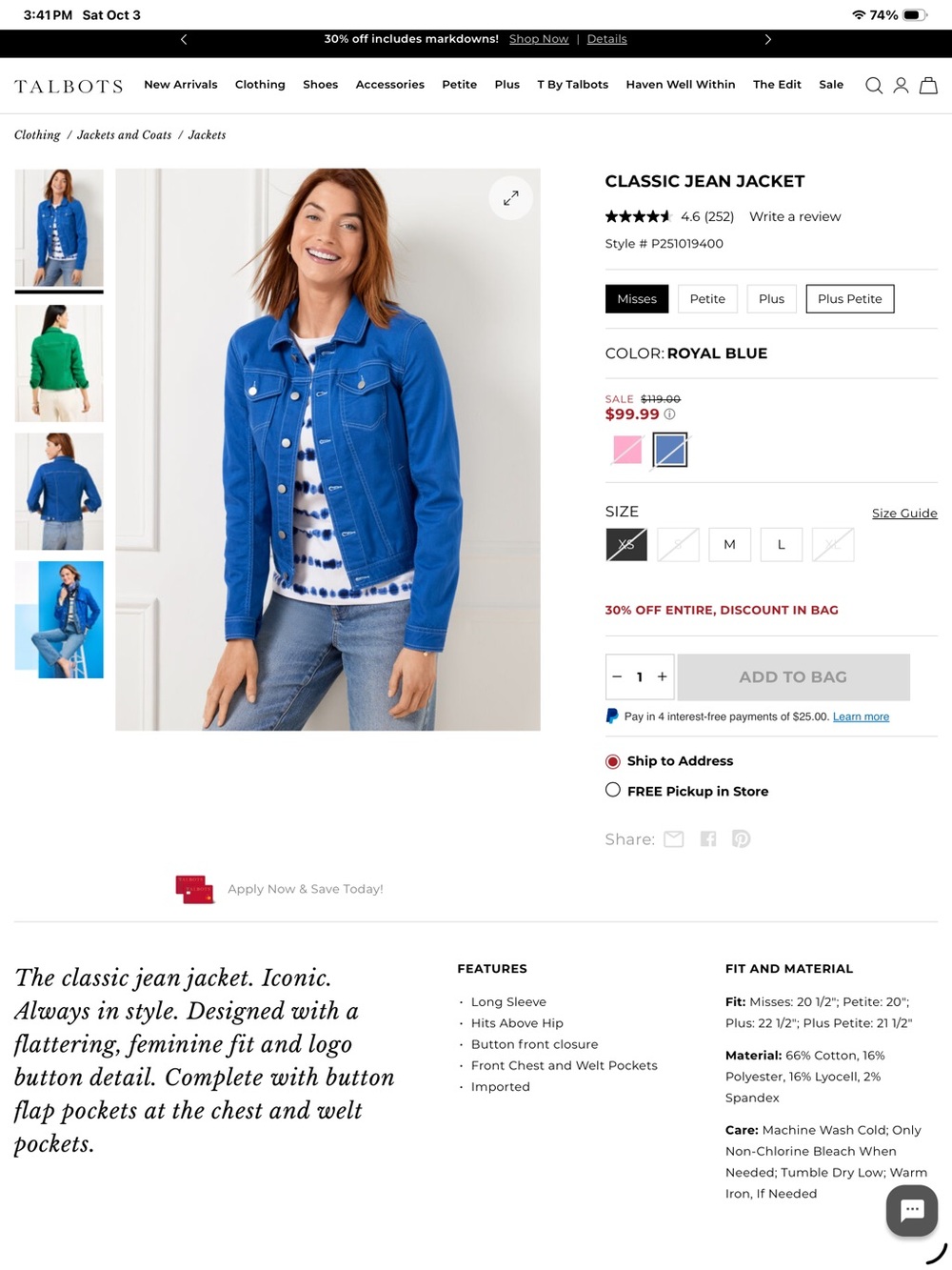 Talbots Royal Blue Cotton-Stitch Jean Jacket - Picture 11 of 12